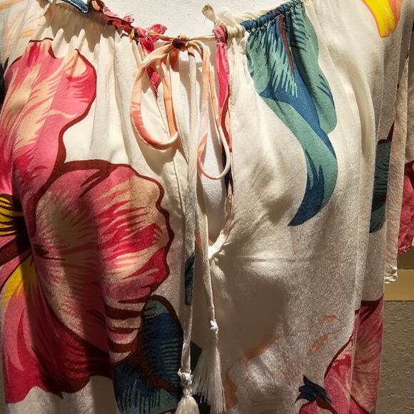 Farm Rio XL Boho Floral Blouse Top Statement Summer Resort Vacay Hibiscus Beach - Picture 7 of 9